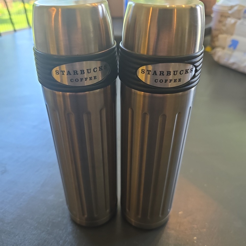 Starbucks 2004 Y2K Vintage Stainless Steel Groovy Slim Travel Thermos 16oz Lot 2